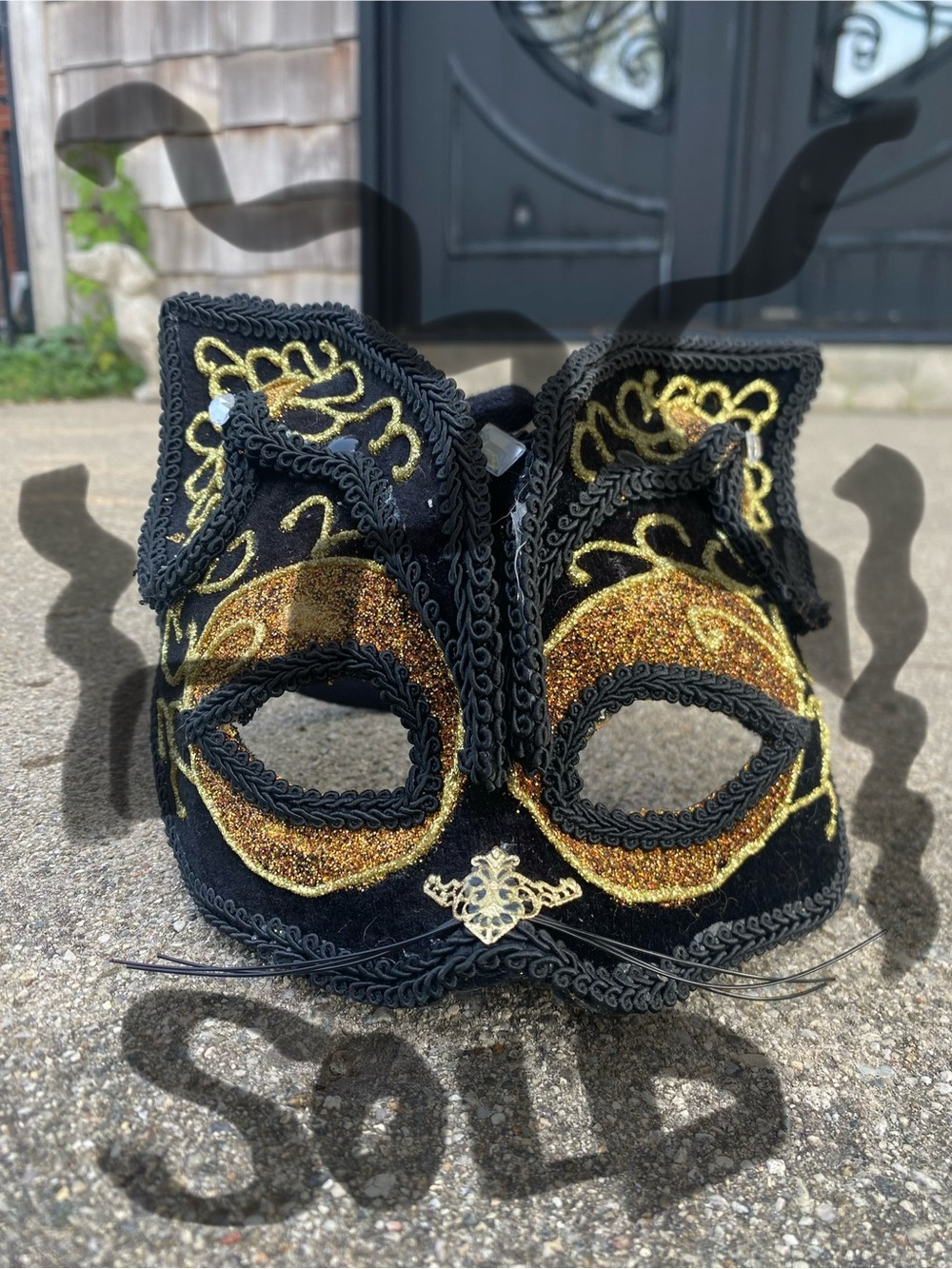 SOLD do not buy Black and Gold Glitter Cat Masquerade Mask headband attachment